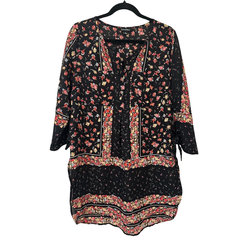 Roz & Ali Womens Black Floral Print Tunic Top Long Lined Size M Boho Lightweight